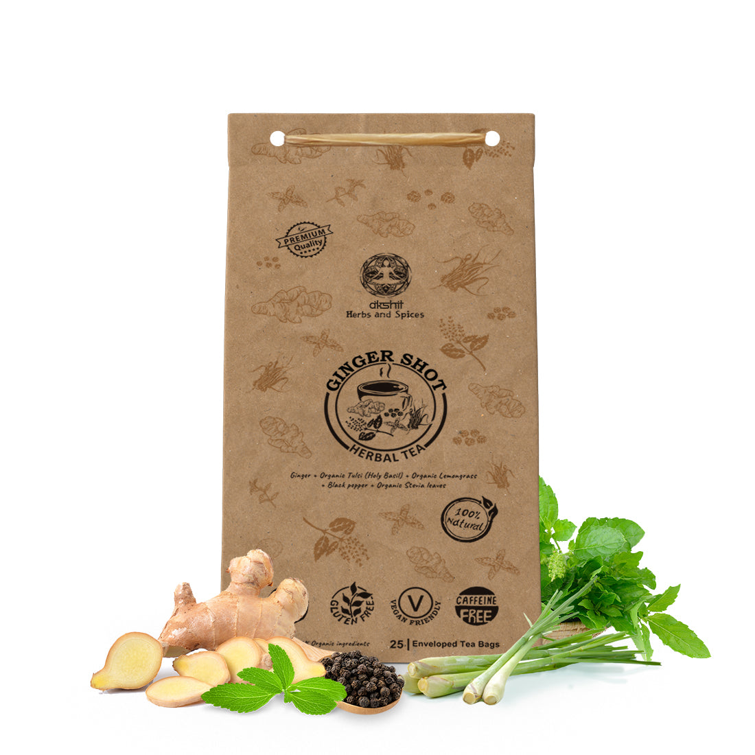 Organic Ginger Tea Blend 25 Tea Bags with Ginger roots Akshar