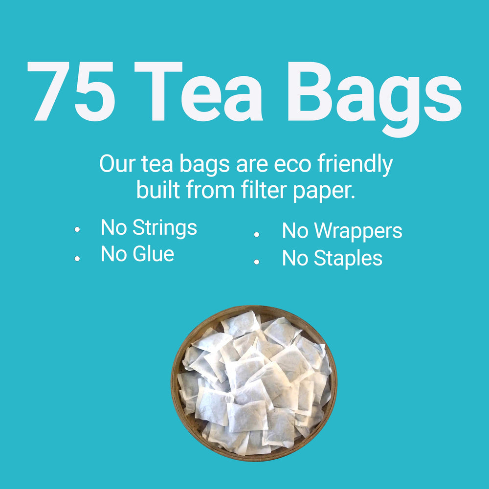 
                      
                        75 tea bags . our chamomile tea bags are eco friendly built from filter paper. - no strings - no Glue - No wrappers - No Staples.
                      
                    