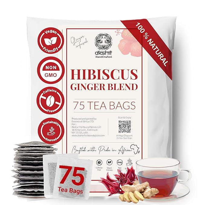 Akshit 75 Hibiscus Ginger Tea Bags – Natural Hibiscus Tea Blend with Hibiscus Flowers & Ginger Root