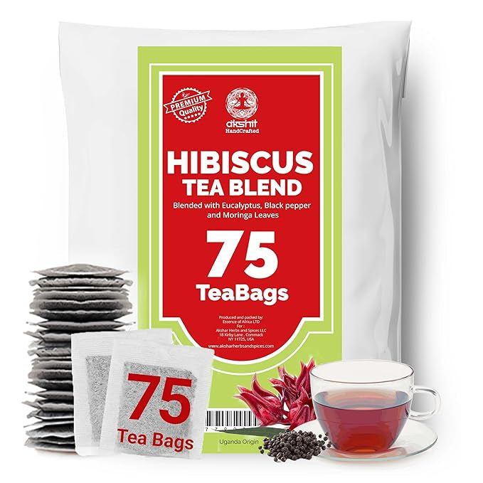 Akshit Hibiscus Moringa Tea Blend, 75 Hibiscus Tea Bags Blended  with Moringa Leaves, Black Pepper, and  Eucalyptus Leaves, Caffeine Free, Hibiscus Tea Blend.