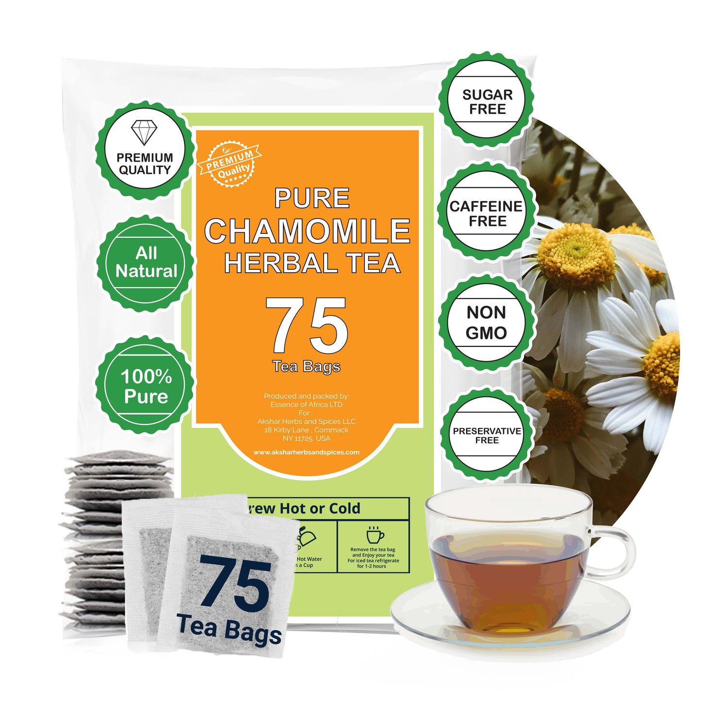 A pack of Akshit 75 Pure Chamomile tea bags