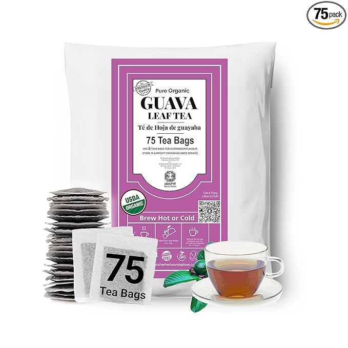 Buy organic dried guava leaf tea bags, eco-friendly packaging,75-tea bags, regulates blood sugar