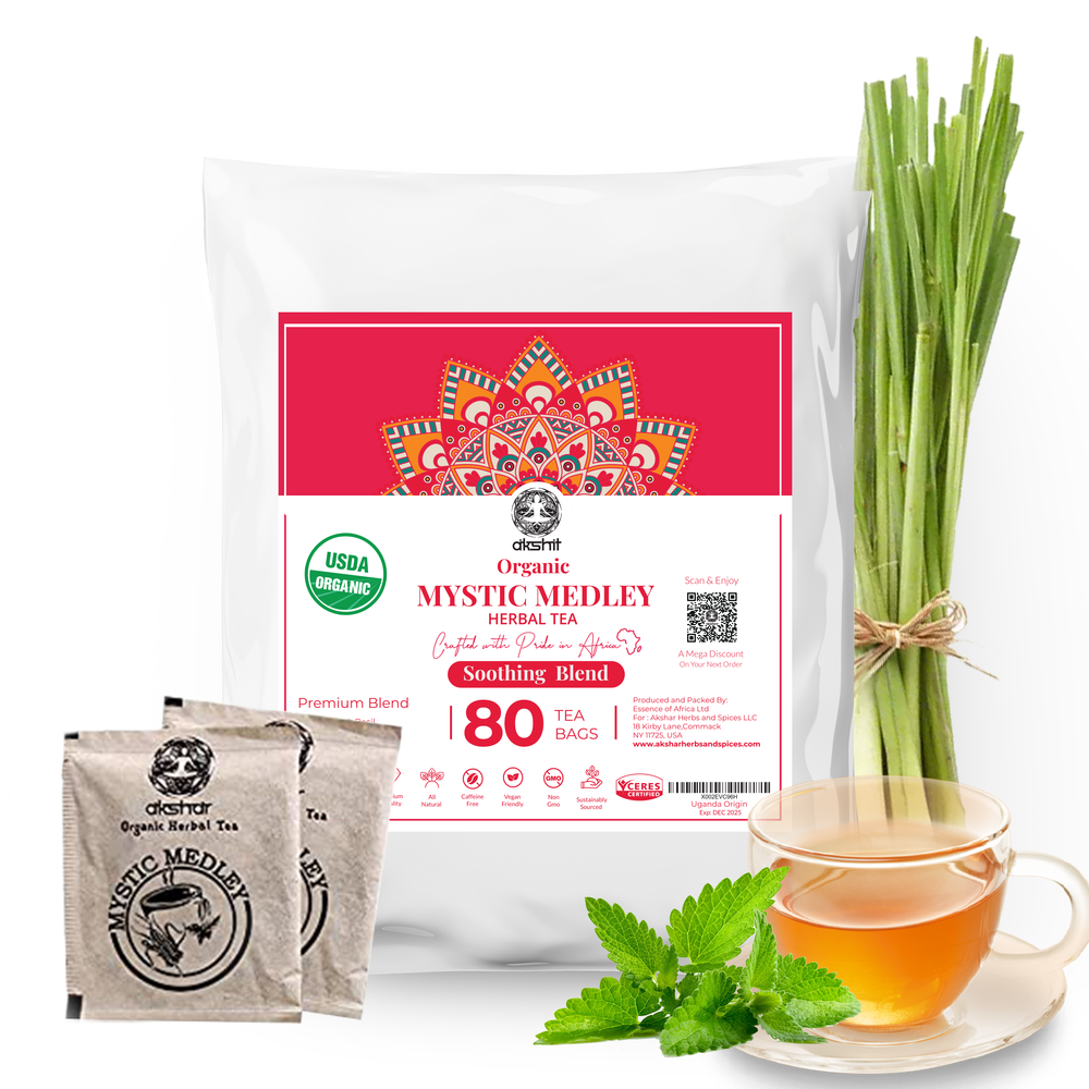 mystic medley 80 tea bags blend with holy basil tea leaf, lemon grass leaf, peppermint leaf