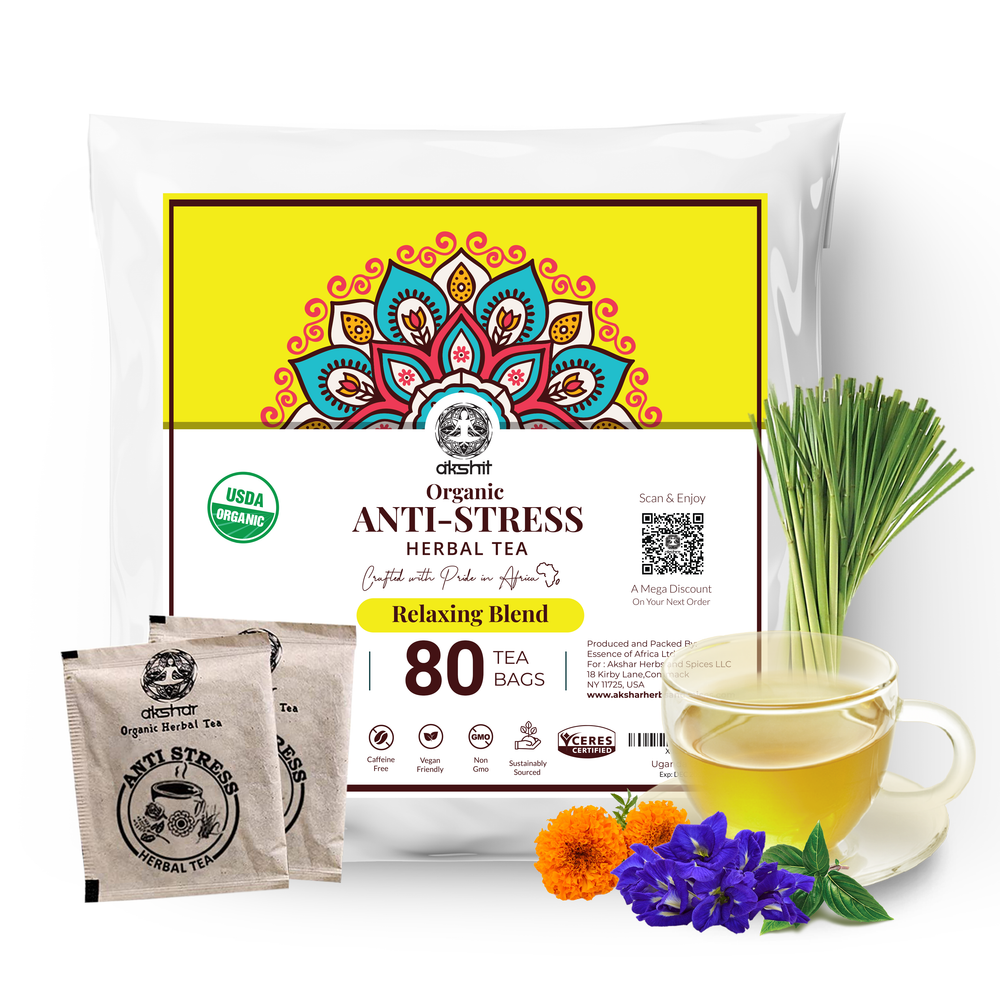 Anti stress Organic herbal tea | Marigold flowers | holy basil leaves | Butterfly pea flowers | Lemongrass leaves | el alivio del estrés té I être contre qch stress biologique à base de plantes thé | tulsi basil tea , butterfly pea flower , lemongrass tea