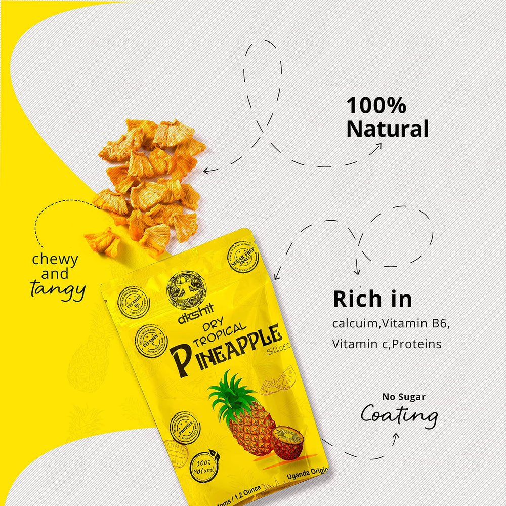 
                      
                        Packet dried pineapple slices that are 100% natural, chewy, tangy, and rich in calcium and vitamins
                      
                    