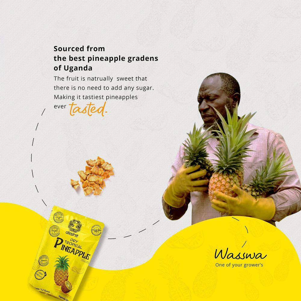 
                      
                        Farmer with pineapples from Uganda, which are sourced from Uganda's best pineapple garden and pack of dried pineapple
                      
                    