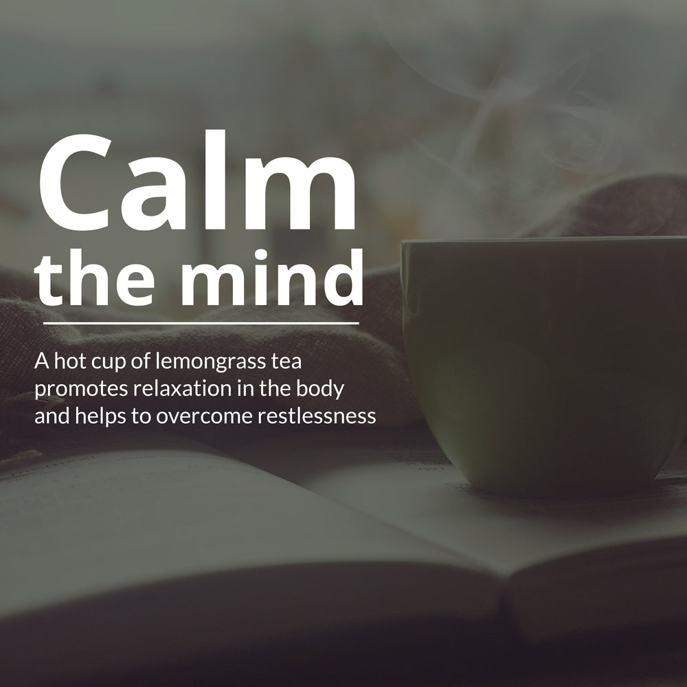 
                      
                        Hot lemongrass tea with a 'Calm the Mind' message in it is the ideal refreshment for relaxation.
                      
                    