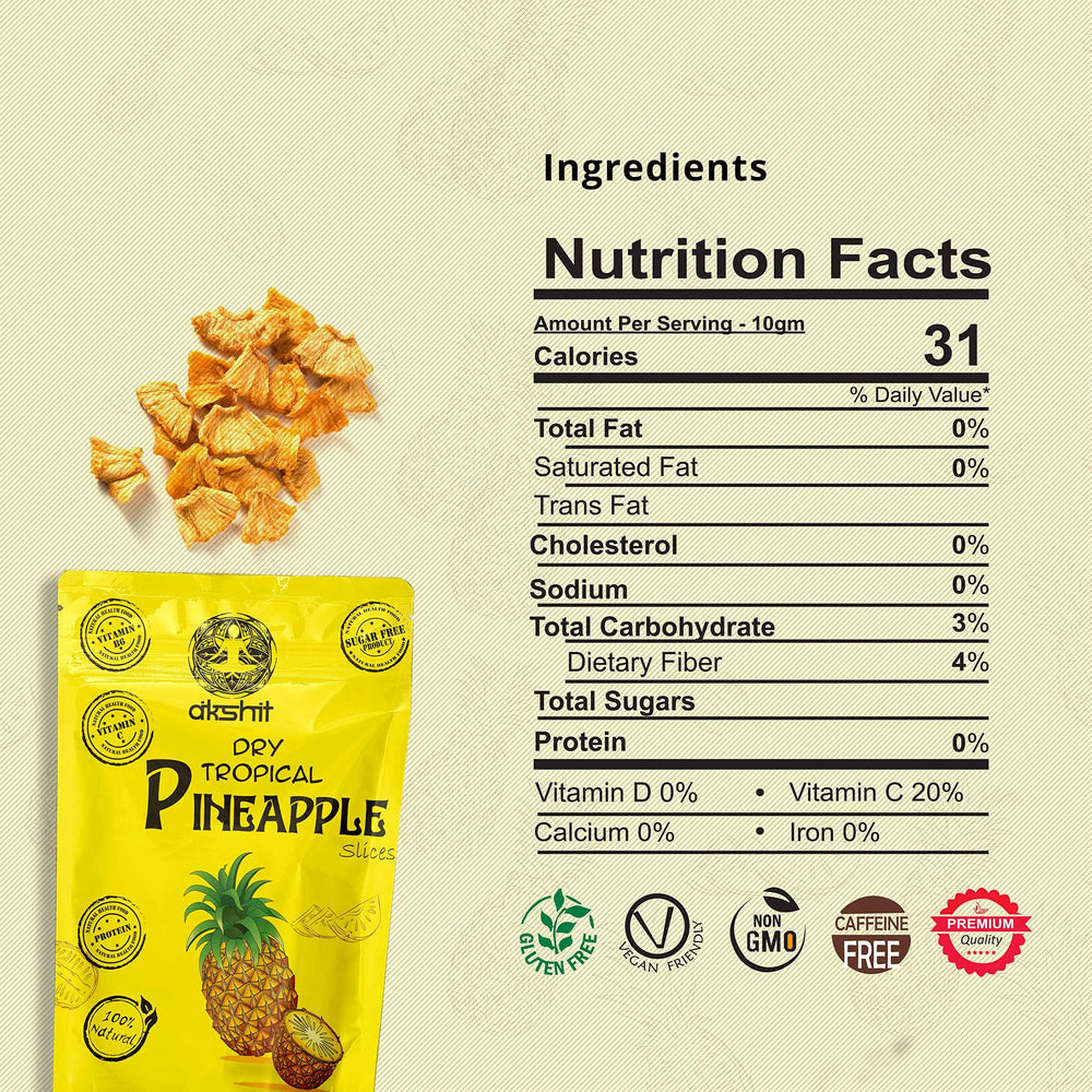 
                      
                        Nutritional facts regarding dried pineapple slices, including calories, vitamins, and minerals
                      
                    